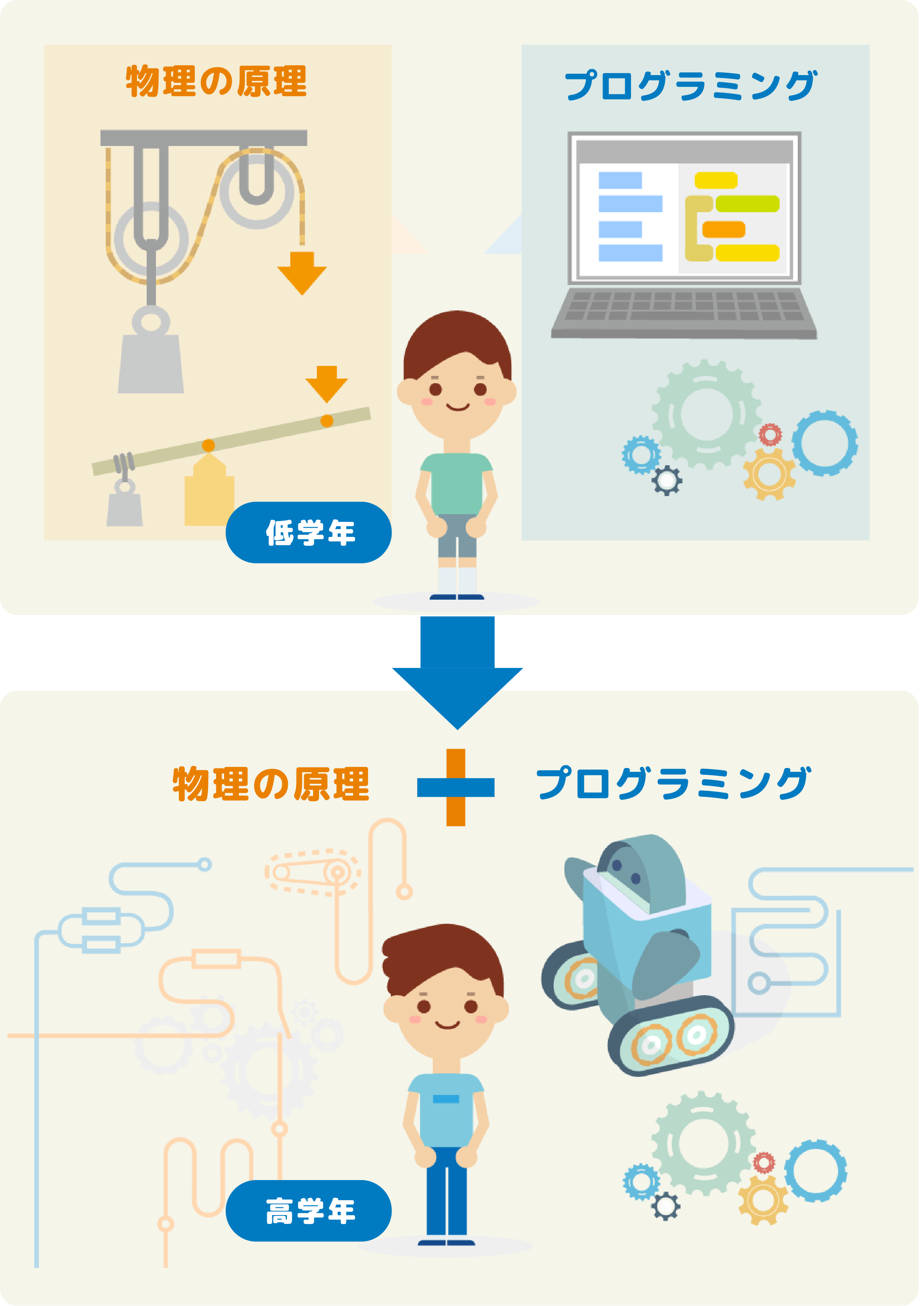 低学年では物理の原理とプログラミングの基礎を学び、高学年ではこれらの知識を融合。